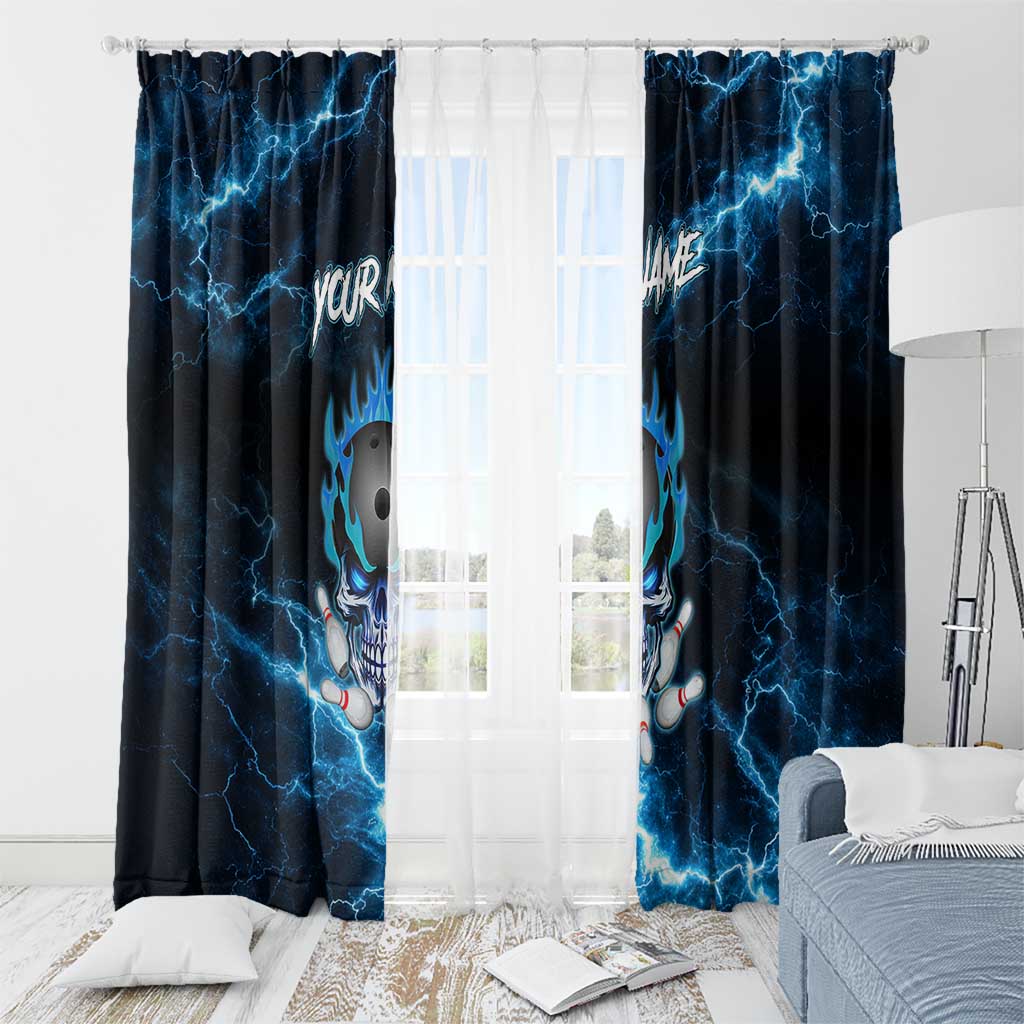 Personalized Bowling Skull Window Curtain with Blue Flame Energy and Electric Lightning Strike Pattern - Wonder Print Shop