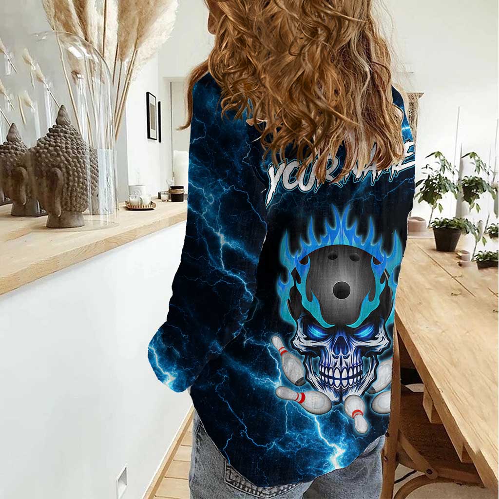 Personalized Bowling Skull Women Casual Shirt with Blue Flame Energy and Electric Lightning Strike Pattern - Wonder Print Shop