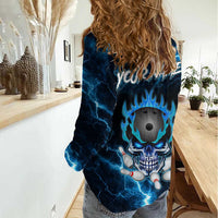 Personalized Bowling Skull Women Casual Shirt with Blue Flame Energy and Electric Lightning Strike Pattern - Wonder Print Shop