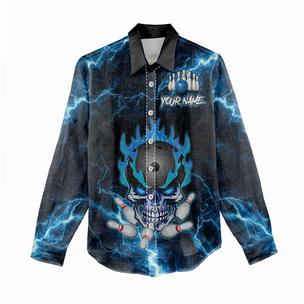 Personalized Bowling Skull Women Casual Shirt with Blue Flame Energy and Electric Lightning Strike Pattern - Wonder Print Shop