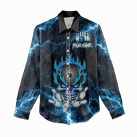 Personalized Bowling Skull Women Casual Shirt with Blue Flame Energy and Electric Lightning Strike Pattern - Wonder Print Shop