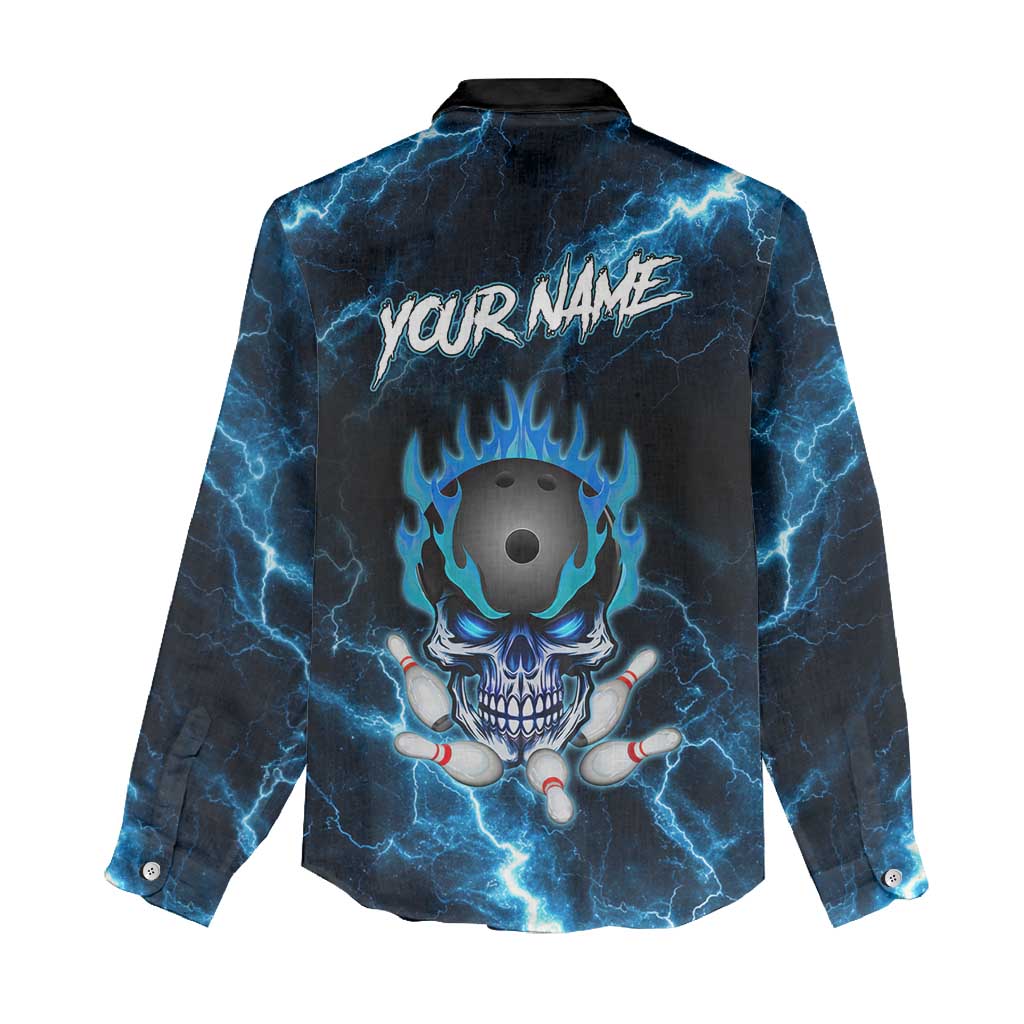 Personalized Bowling Skull Women Casual Shirt with Blue Flame Energy and Electric Lightning Strike Pattern - Wonder Print Shop