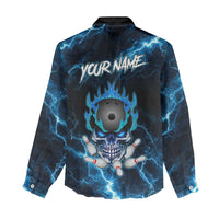 Personalized Bowling Skull Women Casual Shirt with Blue Flame Energy and Electric Lightning Strike Pattern - Wonder Print Shop