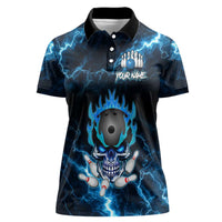 Personalized Bowling Skull Women Polo Shirt with Blue Flame Energy and Electric Lightning Strike Pattern - Wonder Print Shop