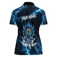Personalized Bowling Skull Women Polo Shirt with Blue Flame Energy and Electric Lightning Strike Pattern - Wonder Print Shop