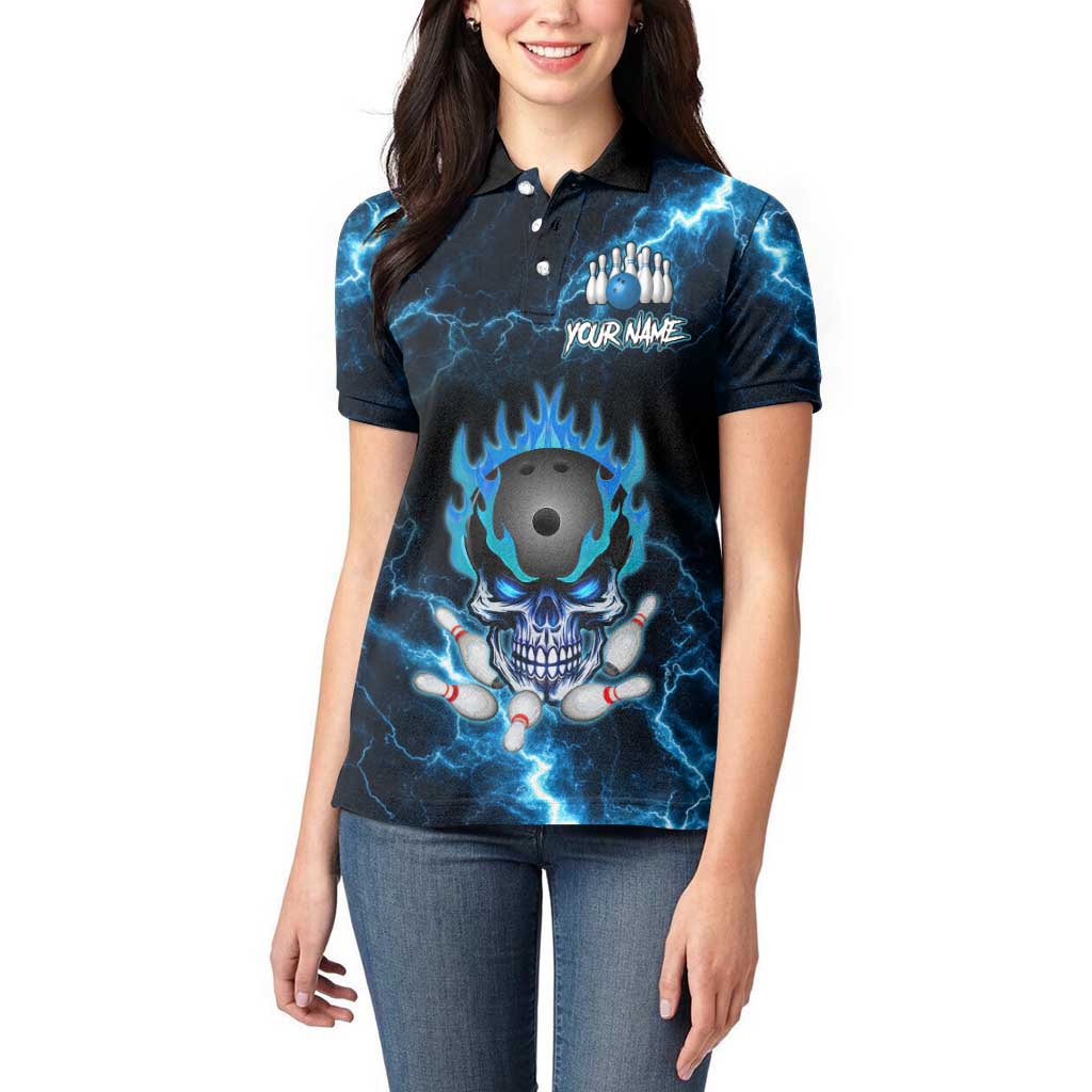 Personalized Bowling Skull Women Polo Shirt with Blue Flame Energy and Electric Lightning Strike Pattern - Wonder Print Shop
