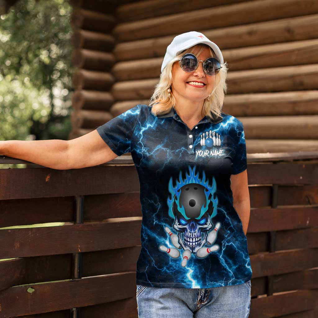 Personalized Bowling Skull Women Polo Shirt with Blue Flame Energy and Electric Lightning Strike Pattern - Wonder Print Shop