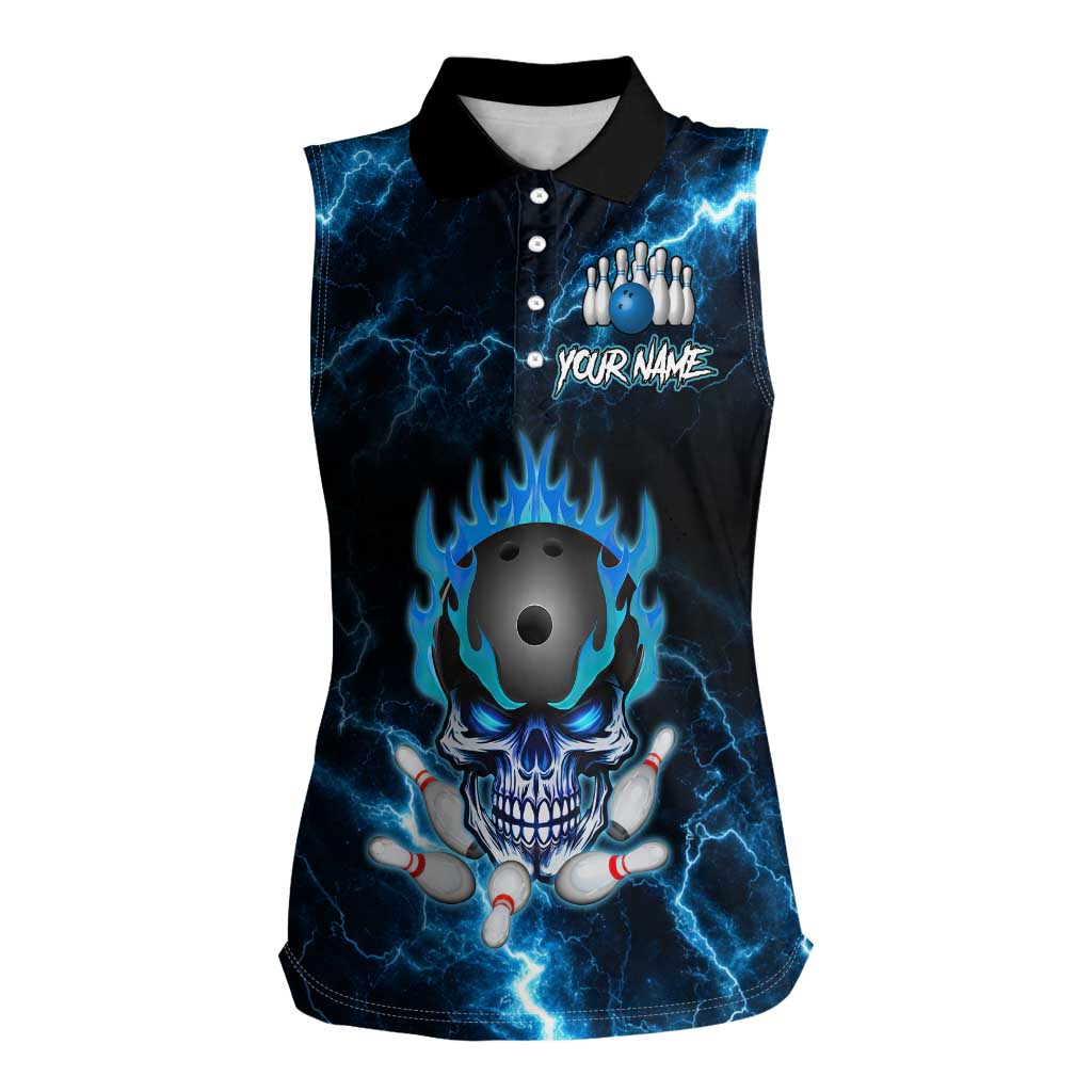 Personalized Bowling Skull Women Sleeveless Polo Shirt with Blue Flame Energy and Electric Lightning Strike Pattern - Wonder Print Shop