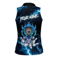 Personalized Bowling Skull Women Sleeveless Polo Shirt with Blue Flame Energy and Electric Lightning Strike Pattern - Wonder Print Shop