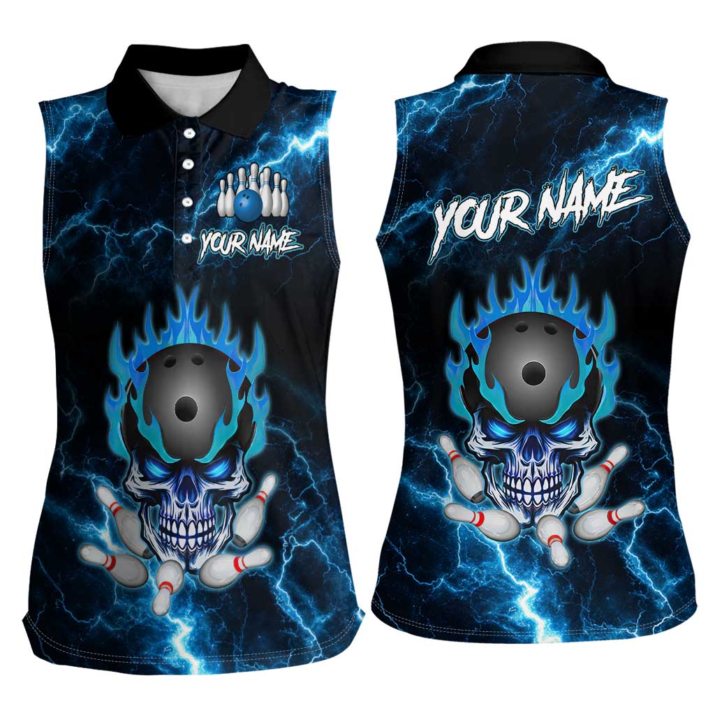 Personalized Bowling Skull Women Sleeveless Polo Shirt with Blue Flame Energy and Electric Lightning Strike Pattern - Wonder Print Shop