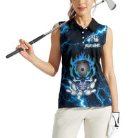 Personalized Bowling Skull Women Sleeveless Polo Shirt with Blue Flame Energy and Electric Lightning Strike Pattern - Wonder Print Shop