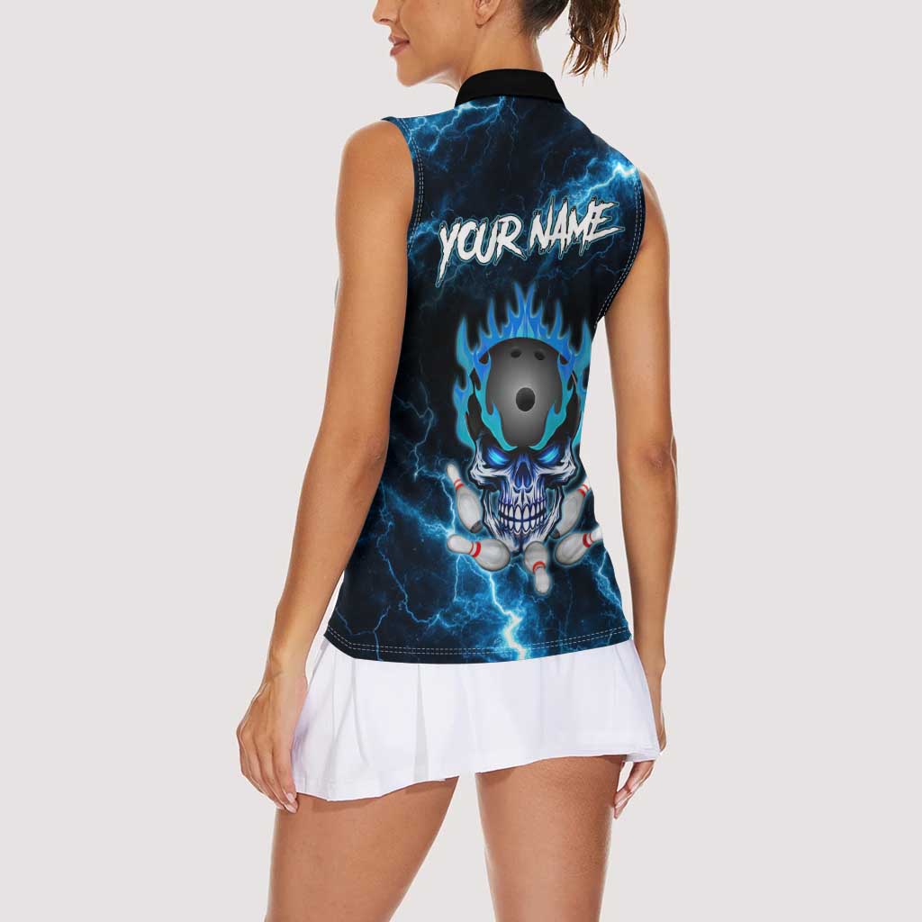Personalized Bowling Skull Women Sleeveless Polo Shirt with Blue Flame Energy and Electric Lightning Strike Pattern - Wonder Print Shop