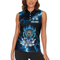 Personalized Bowling Skull Women Sleeveless Polo Shirt with Blue Flame Energy and Electric Lightning Strike Pattern - Wonder Print Shop