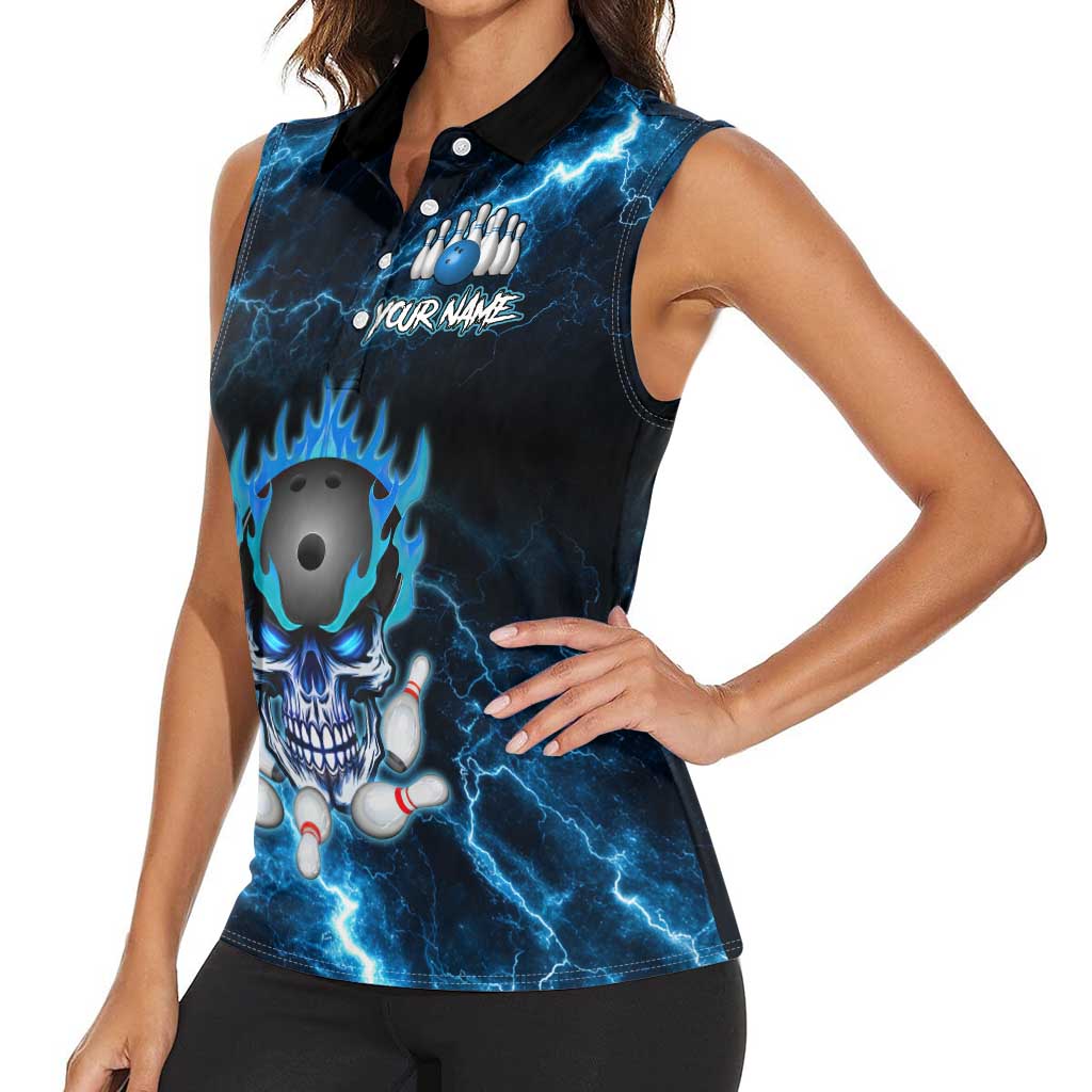 Personalized Bowling Skull Women Sleeveless Polo Shirt with Blue Flame Energy and Electric Lightning Strike Pattern - Wonder Print Shop