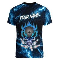 Personalized Bowling Skull Women V-Neck T-Shirt with Blue Flame Energy and Electric Lightning Strike Pattern - Wonder Print Shop
