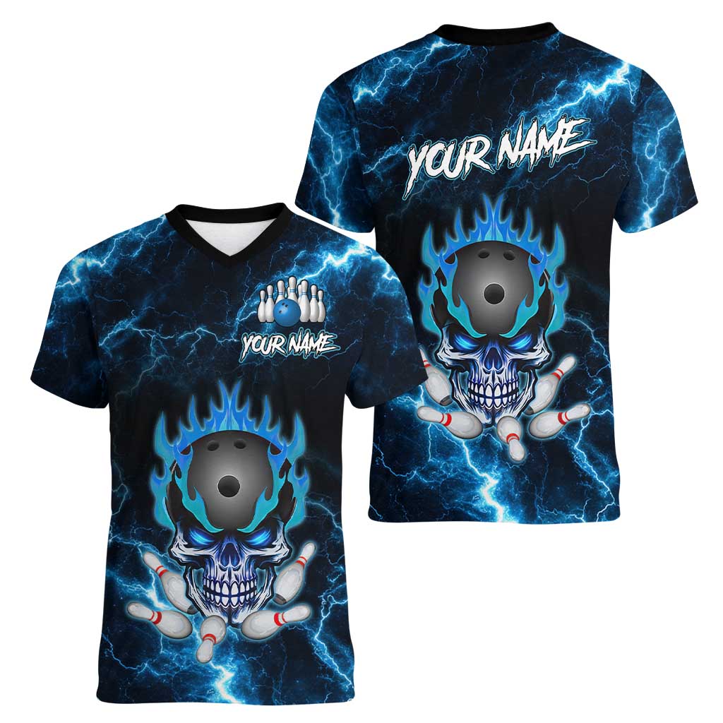 Personalized Bowling Skull Women V-Neck T-Shirt with Blue Flame Energy and Electric Lightning Strike Pattern - Wonder Print Shop