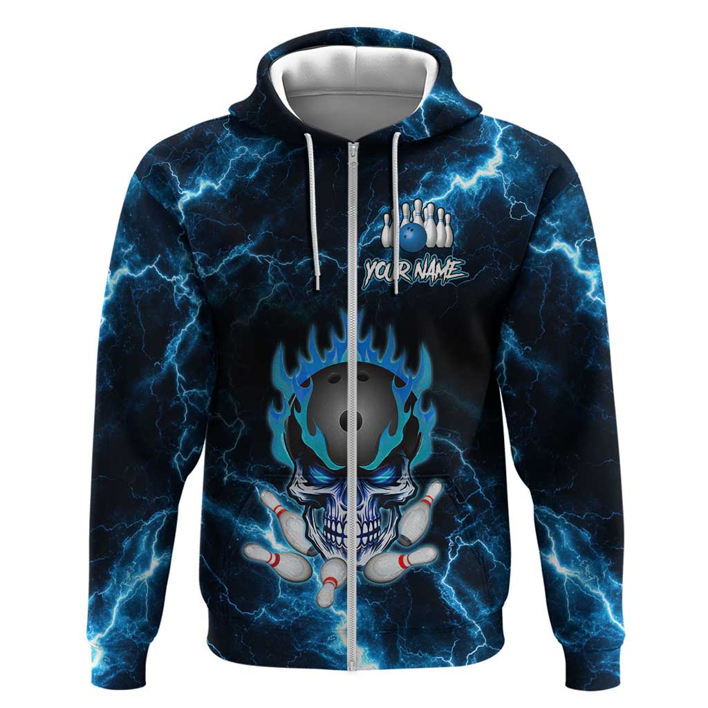 Personalized Bowling Skull Zip Hoodie with Blue Flame Energy and Electric Lightning Strike Pattern - Wonder Print Shop