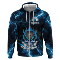 Personalized Bowling Skull Zip Hoodie with Blue Flame Energy and Electric Lightning Strike Pattern - Wonder Print Shop