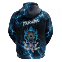 Personalized Bowling Skull Zip Hoodie with Blue Flame Energy and Electric Lightning Strike Pattern - Wonder Print Shop