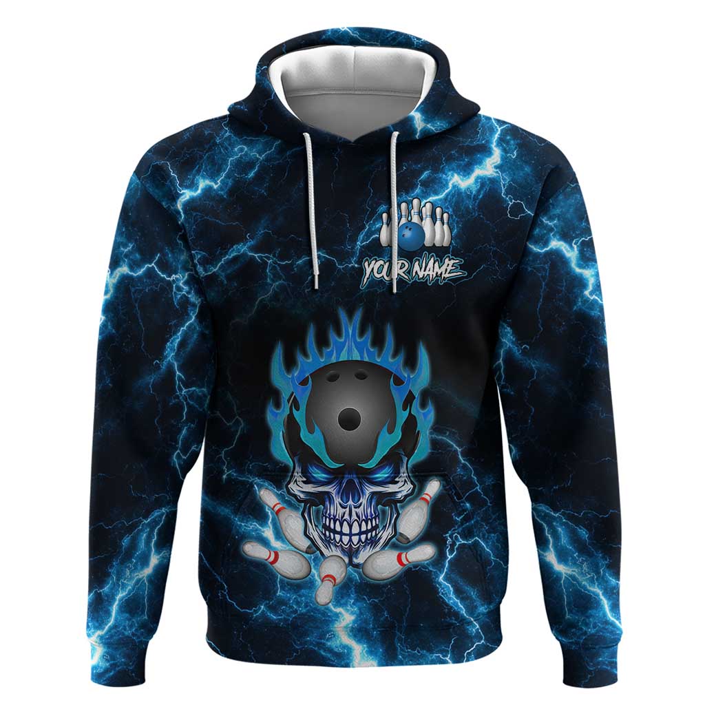 Personalized Bowling Skull Zip Hoodie with Blue Flame Energy and Electric Lightning Strike Pattern - Wonder Print Shop