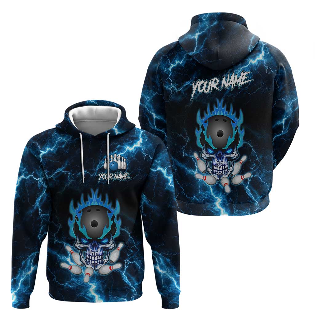 Personalized Bowling Skull Zip Hoodie with Blue Flame Energy and Electric Lightning Strike Pattern - Wonder Print Shop