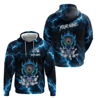 Personalized Bowling Skull Zip Hoodie with Blue Flame Energy and Electric Lightning Strike Pattern - Wonder Print Shop