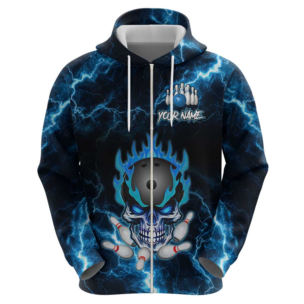 Personalized Bowling Skull Zip Hoodie with Blue Flame Energy and Electric Lightning Strike Pattern - Wonder Print Shop