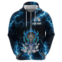 Personalized Bowling Skull Zip Hoodie with Blue Flame Energy and Electric Lightning Strike Pattern - Wonder Print Shop