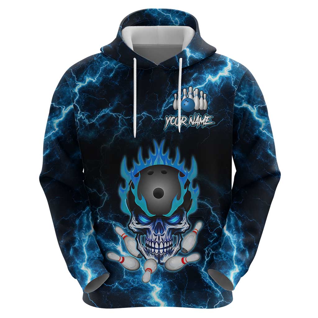 Personalized Bowling Skull Zip Hoodie with Blue Flame Energy and Electric Lightning Strike Pattern - Wonder Print Shop
