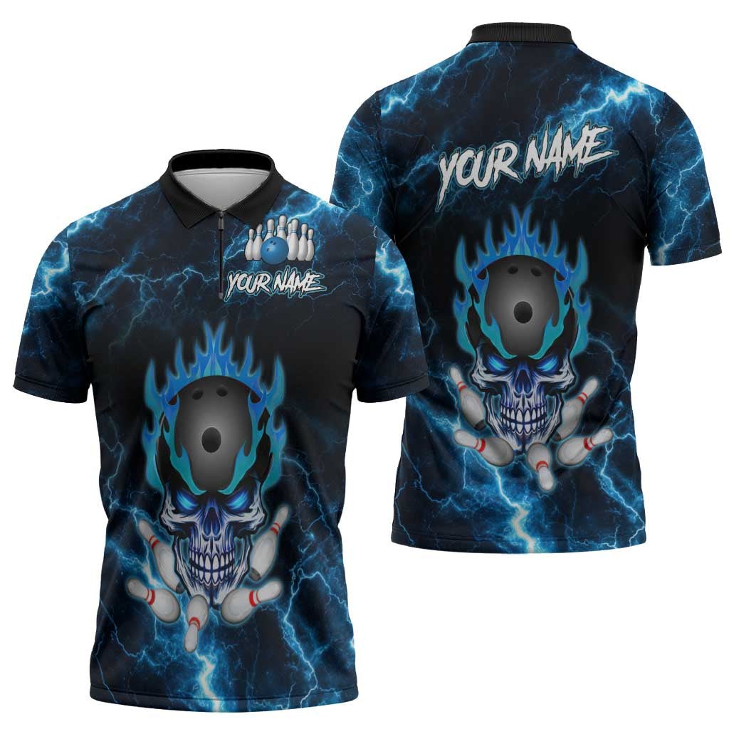 Personalized Bowling Skull Zipper Polo Shirt with Blue Flame Energy and Electric Lightning Strike Pattern - Wonder Print Shop