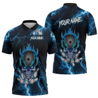 Personalized Bowling Skull Zipper Polo Shirt with Blue Flame Energy and Electric Lightning Strike Pattern - Wonder Print Shop