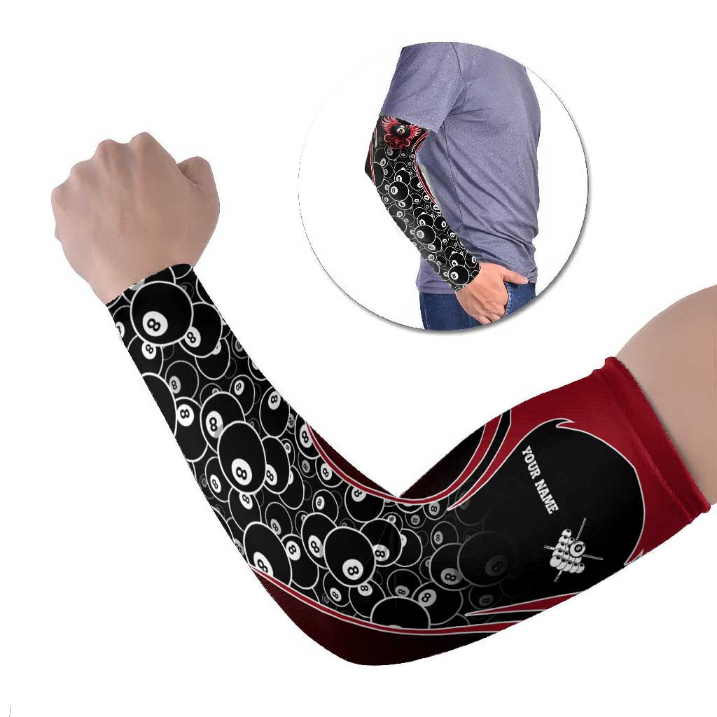 Personalized Billiards Eight Ball Arm Sleeves with Red Wing Emblem and Black Gradient Bubble Pattern - Wonder Print Shop