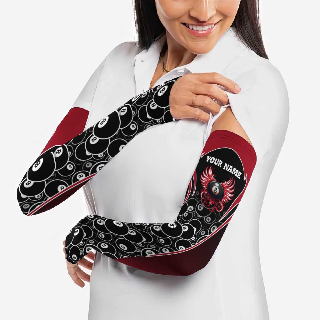 Personalized Billiards Eight Ball Arm Sleeves with Red Wing Emblem and Black Gradient Bubble Pattern - Wonder Print Shop