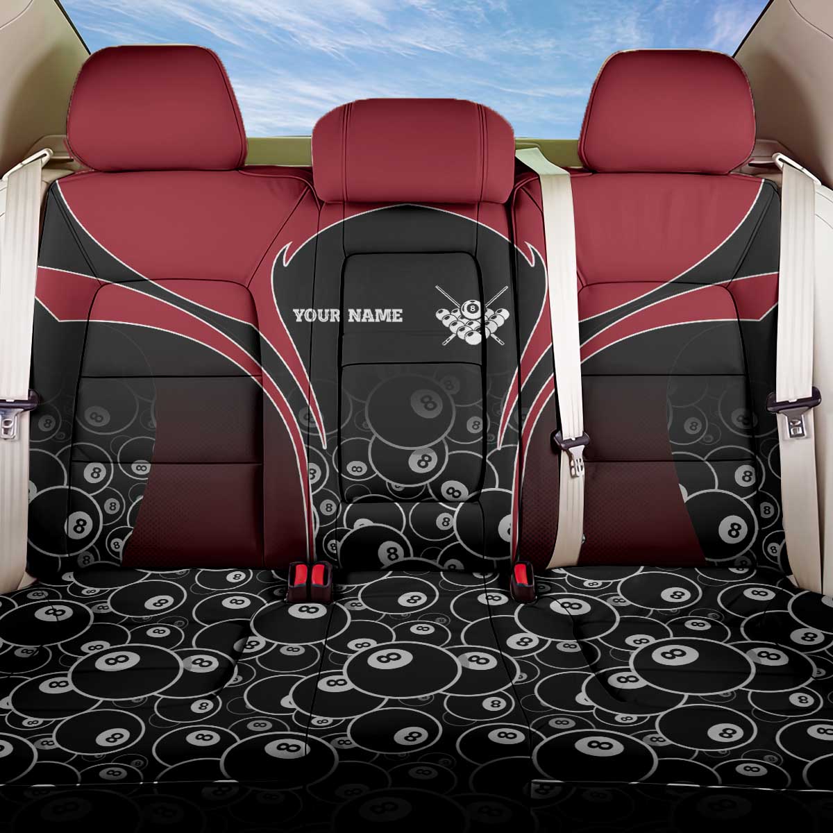 Personalized Billiards Eight Ball Back Car Seat Cover with Red Wing Emblem and Black Gradient Bubble Pattern - Wonder Print Shop