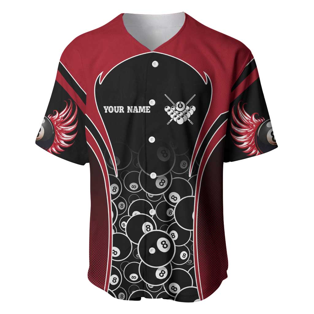 Personalized Billiards Eight Ball Baseball Jersey with Red Wing Emblem and Black Gradient Bubble Pattern - Wonder Print Shop