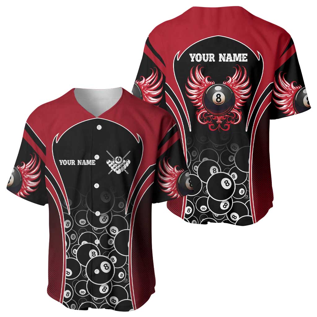 Personalized Billiards Eight Ball Baseball Jersey with Red Wing Emblem and Black Gradient Bubble Pattern - Wonder Print Shop