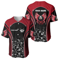 Personalized Billiards Eight Ball Baseball Jersey with Red Wing Emblem and Black Gradient Bubble Pattern - Wonder Print Shop