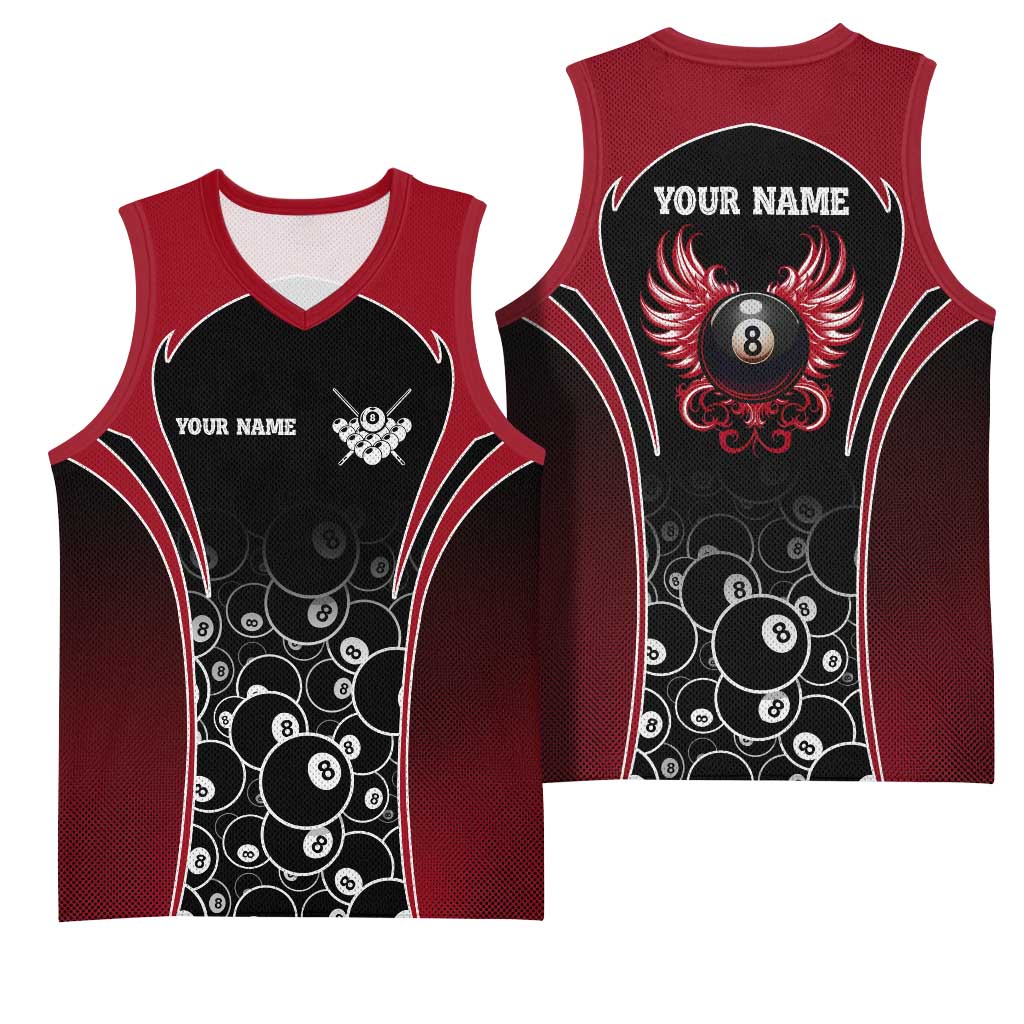 Personalized Billiards Eight Ball Basketball Jersey with Red Wing Emblem and Black Gradient Bubble Pattern - Wonder Print Shop