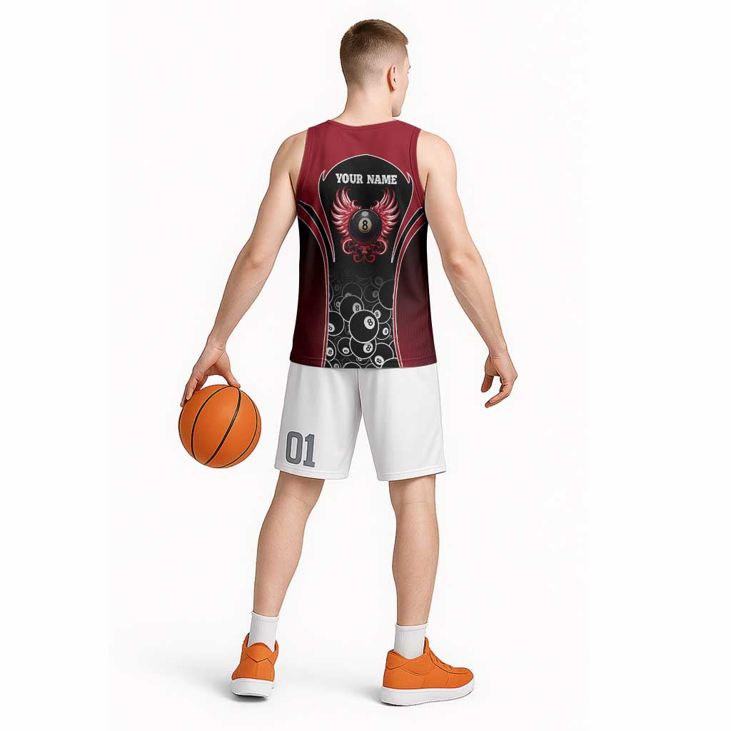 Personalized Billiards Eight Ball Basketball Jersey with Red Wing Emblem and Black Gradient Bubble Pattern - Wonder Print Shop