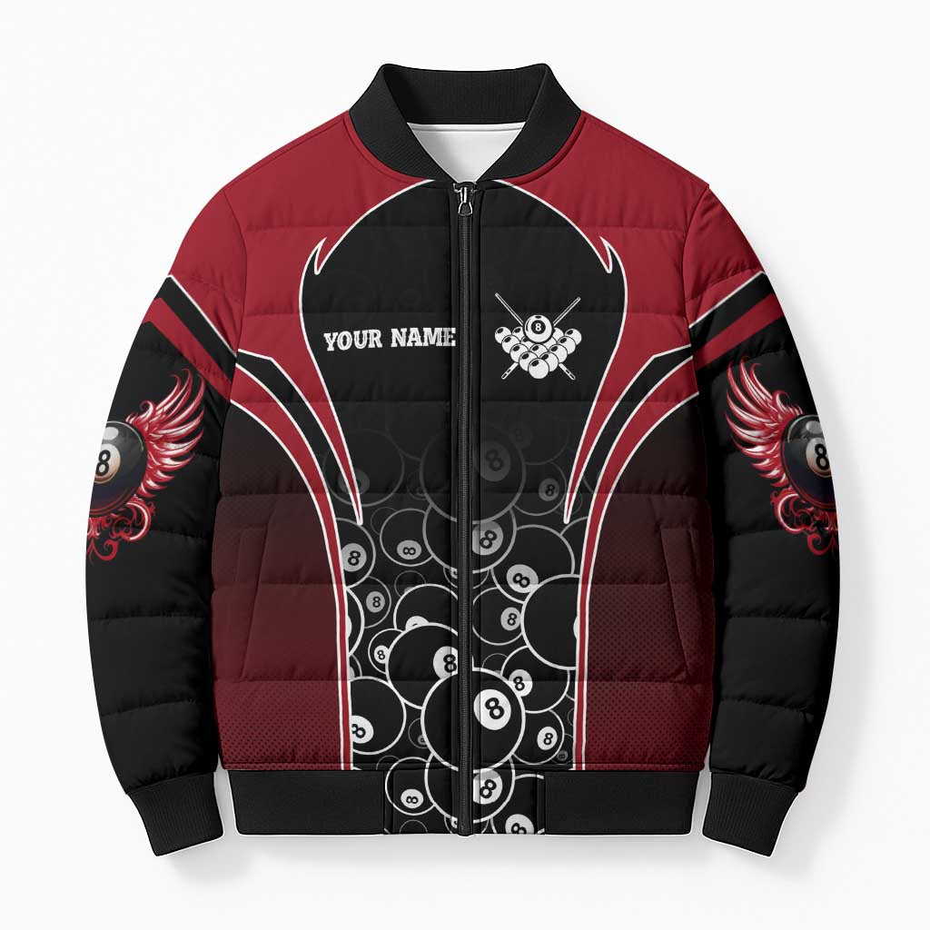 Personalized Billiards Eight Ball Bomber Puffer Jacket with Red Wing Emblem and Black Gradient Bubble Pattern - Wonder Print Shop