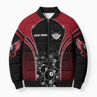 Personalized Billiards Eight Ball Bomber Puffer Jacket with Red Wing Emblem and Black Gradient Bubble Pattern - Wonder Print Shop