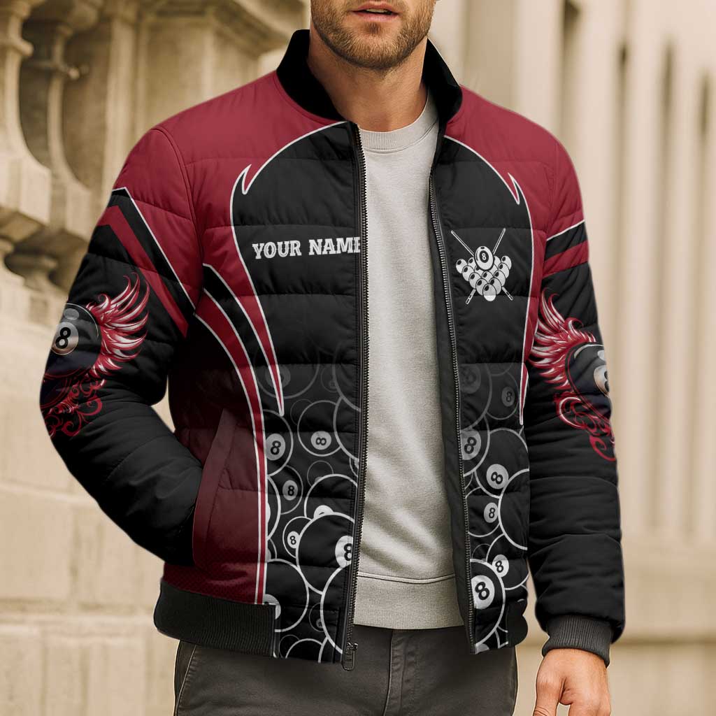 Personalized Billiards Eight Ball Bomber Puffer Jacket with Red Wing Emblem and Black Gradient Bubble Pattern - Wonder Print Shop