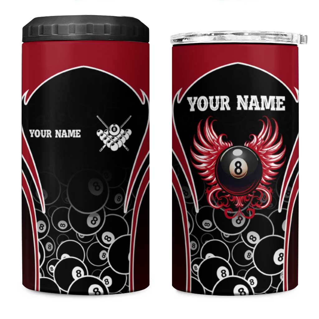 Personalized Billiards Eight Ball 4 in 1 Can Cooler Tumbler with Red Wing Emblem and Black Gradient Bubble Pattern - Wonder Print Shop
