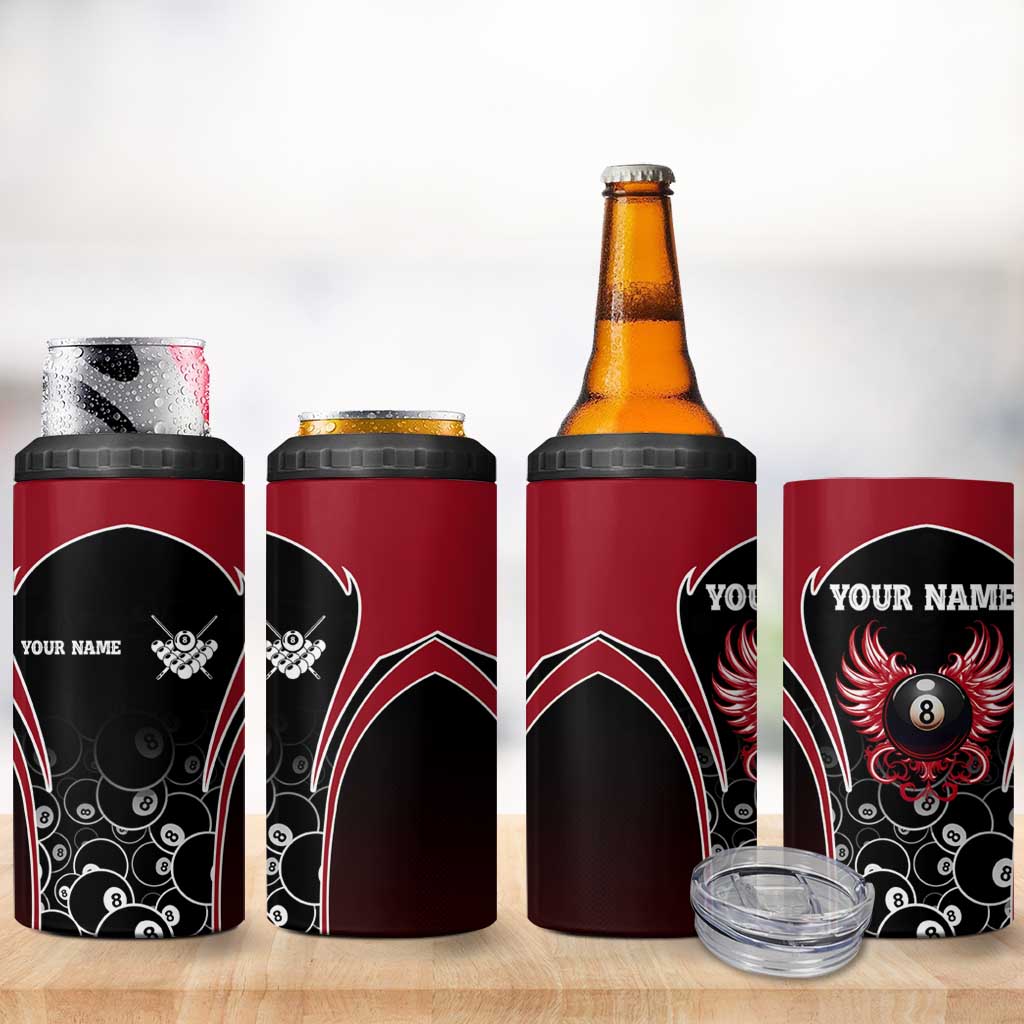 Personalized Billiards Eight Ball 4 in 1 Can Cooler Tumbler with Red Wing Emblem and Black Gradient Bubble Pattern - Wonder Print Shop