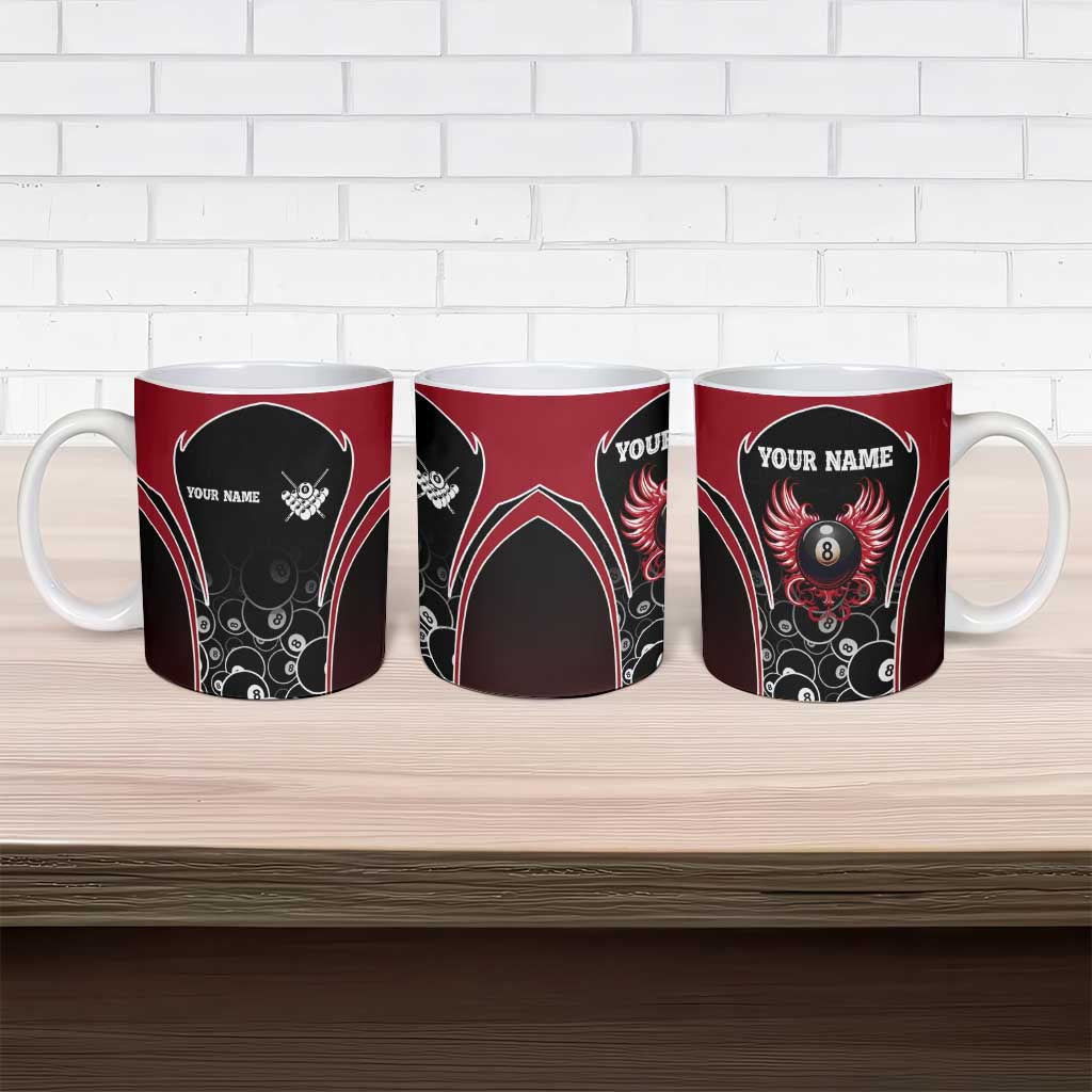 Personalized Billiards Eight Ball Ceramic Mug with Red Wing Emblem and Black Gradient Bubble Pattern - Wonder Print Shop