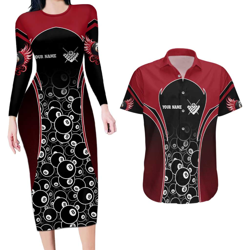 Personalized Billiards Eight Ball Couples Matching Long Sleeve Bodycon Dress and Hawaiian Shirt with Red Wing Emblem and Black Gradient Bubble Pattern - Wonder Print Shop