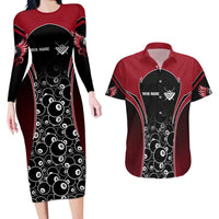 Personalized Billiards Eight Ball Couples Matching Long Sleeve Bodycon Dress and Hawaiian Shirt with Red Wing Emblem and Black Gradient Bubble Pattern - Wonder Print Shop