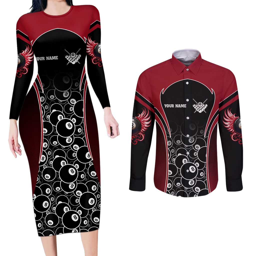 Personalized Billiards Eight Ball Couples Matching Long Sleeve Bodycon Dress and Long Sleeve Button Shirt with Red Wing Emblem and Black Gradient Bubble Pattern - Wonder Print Shop