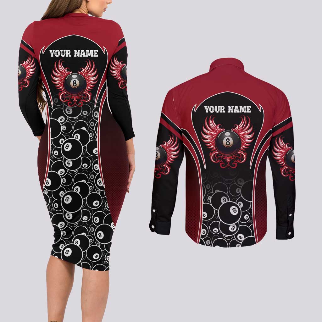 Personalized Billiards Eight Ball Couples Matching Long Sleeve Bodycon Dress and Long Sleeve Button Shirt with Red Wing Emblem and Black Gradient Bubble Pattern - Wonder Print Shop