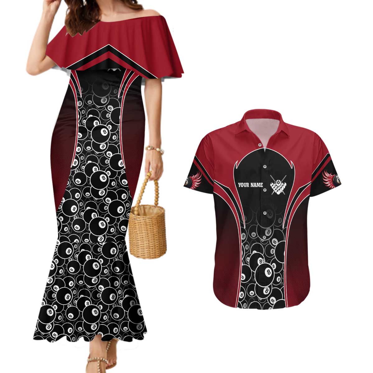 Personalized Billiards Eight Ball Couples Matching Mermaid Dress and Hawaiian Shirt with Red Wing Emblem and Black Gradient Bubble Pattern - Wonder Print Shop